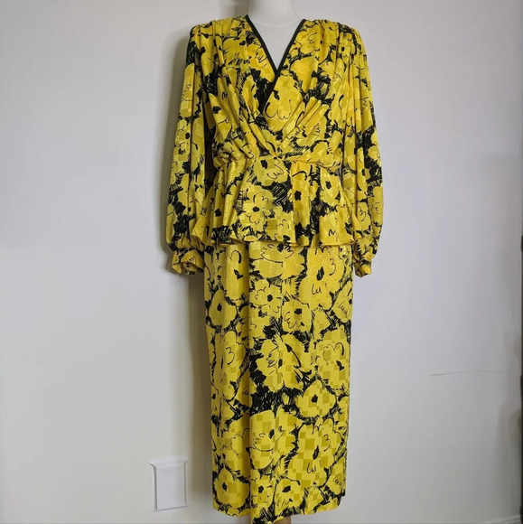 Maison Missy House 70s Peplum Maxi Dress Yellow Vneck Long Sleeve Size S/M - Picture 5 of 17